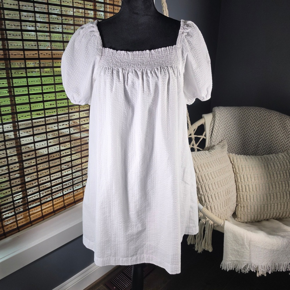 Madewell White Seersucker Smocked Puff Sleeve Mini Dress S Cottagecore